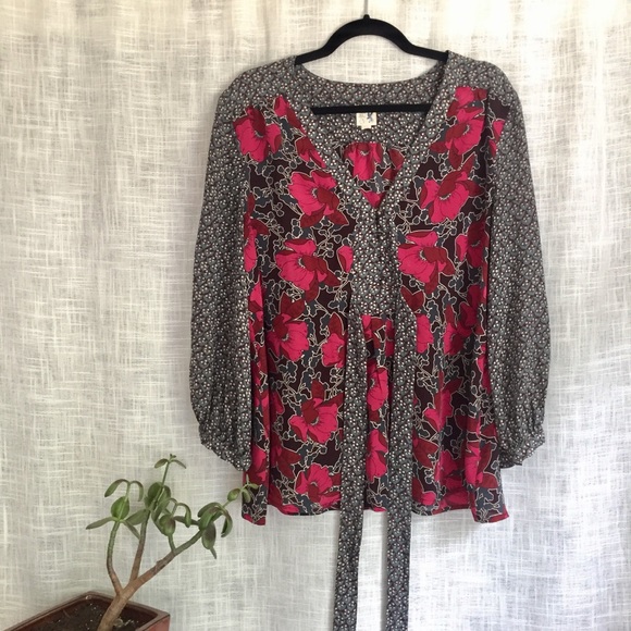 Anthropologie Tops - Anthropologie 100% Silk Floral Boho Blouse